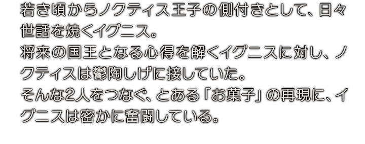 若き頃からノクティス王子の側付きとして、日々世話を焼くイグニス。将来の国王となる心得を解くイグニスに対し、ノクティスは鬱陶しげに接していた。そんな2人をつなぐ、とある「お菓子」の再現に、イグニスは密かに奮闘している。