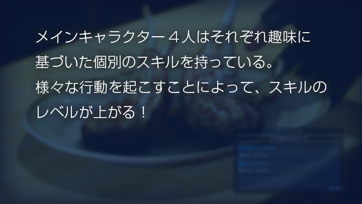 メインキャラクター4人はそれぞれ趣味に基づいた個別のスキルを持っている。様々な行動を起こすことによって、スキルのレベルが上がる！