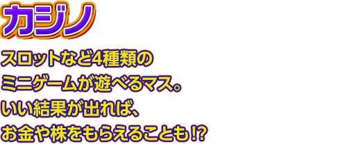 【カジノ】スロットなど4種類のミニゲームが遊べるマス。いい結果が出れば、お金や株をもらえることも！？