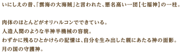 いにしえの昔、「雲海の大海賊」と言われた、悪名高い一団【七福神】の一柱。肉体のほとんどがオリハルコンでできている。人造人間のような半神半機械の容貌。わずかに残るひとかけらの記憶は、自分を生み出した親にあたる神の面影。月の国の守護神。