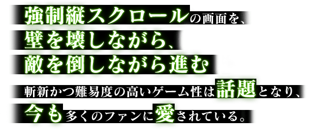 強制縦スクロールの画面を、壁を壊しながら、敵を倒しながら進む斬新かつ難易度の高いゲーム性は話題となり、今も多くのファンに愛されている。