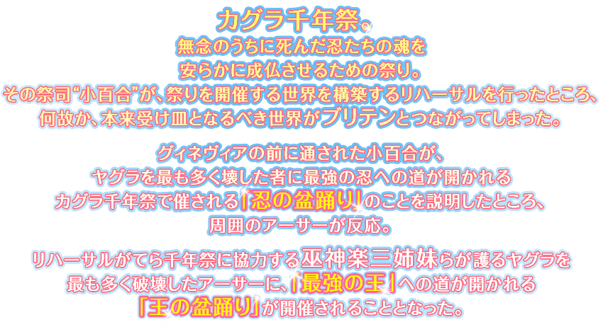 カグラ千年祭。無念のうちに死んだ忍たちの魂を安らかに成仏させるための祭り。その祭司"小百合"が、祭りを開催する世界を構築するリハーサルを行ったところ、何故か、本来受け皿となるべき世界がブリテンとつながってしまった。グィネヴィアの前に通された小百合が、ヤグラを最も多く壊した者に最強の忍への道が開かれるカグラ千年祭で催される「忍の盆踊り」のことを説明したところ、周囲のアーサーが反応。リハーサルがてら千年祭に協力する巫神楽三姉妹らが護るヤグラを最も多く破壊したアーサーに、「最強の王」への道が開かれる 「王の盆踊り」が開催されることとなった。