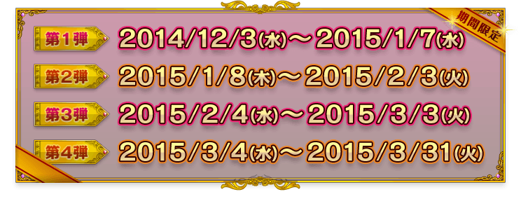 期間限定：第1弾 2014/12/3（水）～2015/1/7（水）／第2弾 2015/1/8（木）～2015/2/3（火）／第3弾 2015/2/4（水）～2015/3/3（火）／第4弾 2015/3/4（水）～2015/3/31（火）