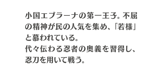 小国エブラーナの第一王子。不屈の精神が民の人気を集め、「若様」と慕われている。代々伝わる忍者の奥義を習得し、忍刀を用いて戦う。