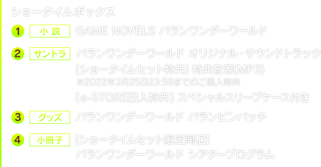 ショータイムボックス　1.小説 GAME NOVELS バランワンダーワールド　２.サントラ バランワンダーワールド オリジナル・サウンドトラック 【ショータイムセット特典】特典音源(MP3) ※2022年3月25日23:59までのご購入特典【e-STORE購入特典】スペシャルスリーブケース付き　３.グッズ バランワンダーワールド バランピンバッチ　４.小冊子【ショータイムセット限定同梱】バランワンダーワールド シアタープログラム