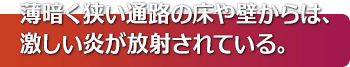 薄暗く狭い通路の床や壁からは、激しい炎が放射されている。