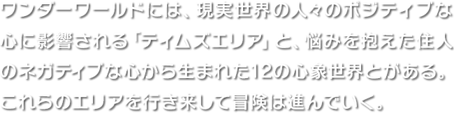 ワンダーワールドには、現実世界の人々のポジティブな心に影響される「ティムズエリア」と、悩みを抱えた住人のネガティブな心から生まれた12の心象世界とがある。これらのエリアを行き来して冒険は進んでいく。