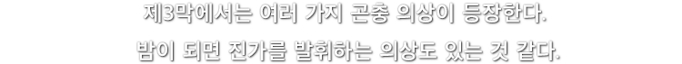 제3막에서는 여러 가지 곤충 의상이 등장한다. 밤이 되면 진가를 발휘하는 의상도 있는 것 같다.