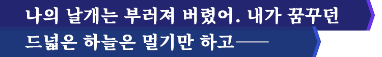 나의 날개는 부러져 버렸어. 내가 꿈꾸던 드넓은 하늘은 멀기만 하고――