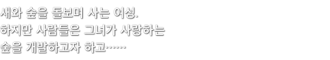 새와 숲을 돌보며 사는 여성. 하지만 사람들은 그녀가 사랑하는 숲을 개발하고자 하고……