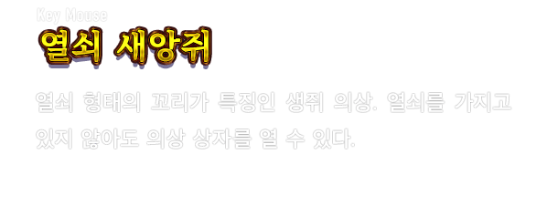 Key Mouse 열쇠 새앙쥐　열쇠 형태의 꼬리가 특징인 생쥐 의상. 열쇠를 가지고 있지 않아도 의상 상자를 열 수 있다.