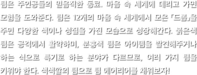 팀은 주인공들의 믿음직한 동료. 마음 속 세계에 데리고 가면 모험을 도와준다. 팀은 12개의 마음 속 세계에서 모은 「드롭」을 주면 다양한 색이나 성질을 가진 모습으로 성장해간다. 붉은색 팀은 공격에서 활약하며, 분홍색 팀은 아이템을 발견해주거나 하는 식으로 특기로 하는 분야가 다르므로, 여러 가지 팀을 키워야 한다. 색색깔의 팀으로 팀 에어리어를 채워보자!