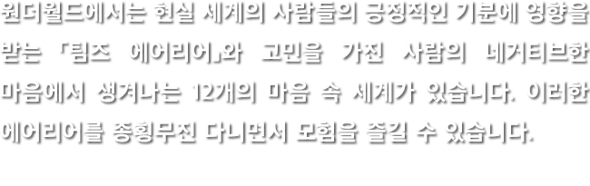 원더월드에서는 현실 세계의 사람들의 긍정적인 기분에 영향을 받는 「팀즈 에어리어」와 고민을 가진 사람의 네거티브한 마음에서 생겨나는 12개의 마음 속 세계가 있습니다. 이러한 에어리어를 종횡무진 다니면서 모험을 즐길 수 있습니다.