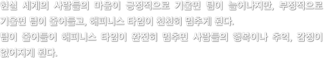 현실 세계의 사람들의 마음이 긍정적으로 기울면 팀이 늘어나지만, 부정적으로 기울면 팀이 줄어들고, 해피니스 타임이 천천히 멈추게 된다. 팀이 줄어들어 해피니스 타임이 완전히 멈추면 사람들의 행복이나 추억, 감정이 없어지게 된다.