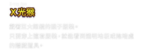 X-ray Ape Ｘ光猴　戴著巨大眼鏡的猴子服裝。只要穿上這套服裝，就能看到透明地板或陰暗處的隱藏道具。