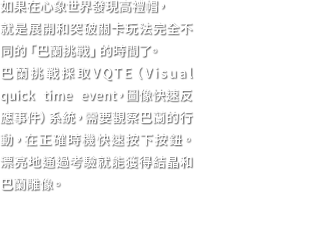 如果在心象世界發現高禮帽，就是展開和突破關卡玩法完全不同的「巴蘭挑戰」的時間了。巴蘭挑戰採取VQTE（Visual quick time event，圖像快速反應事件）系統，需要觀察巴蘭的行動，在正確時機快速按下按鈕。漂亮地通過考驗就能獲得結晶和巴蘭雕像。