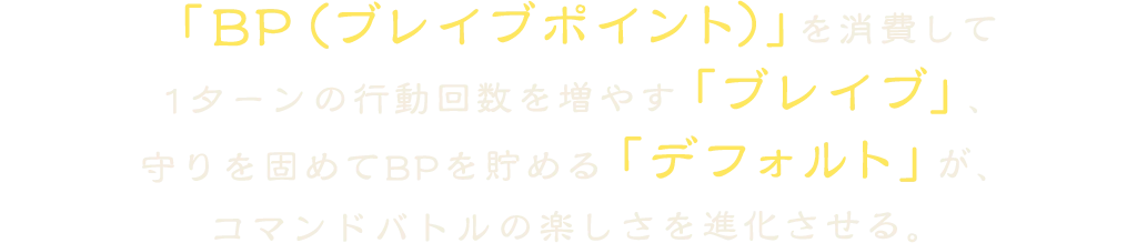 「BP（ブレイブポイント）」を消費して
            1ターンの行動回数を増やす「ブレイブ」、
            守りを固めてBPを貯める「デフォルト」が、
            コマンドバトルの楽しさを進化させる。