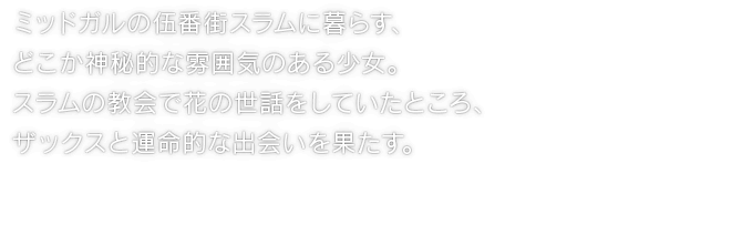 ミッドガルの伍番街スラムに暮らす、どこか神秘的な雰囲気のある少女。スラムの教会で花の世話をしていたところ、ザックスと運命的な出会いを果たす。