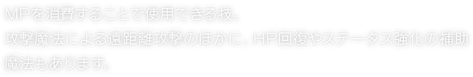 MPを消費することで使用できる技。攻撃魔法による遠距離攻撃のほかに、HP回復やステータス強化の補助魔法もあります。