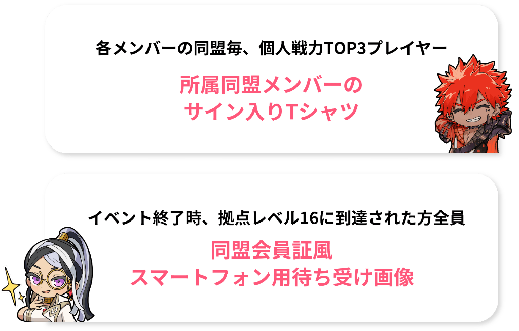 【各メンバーの同盟ごと、個人戦力TOP3のプレイヤーには所属同盟メンバーのサイン入りTシャツをプレゼント。】【イベント終了時、拠点レベル16に到達された方全員には同盟会員証風 スマートフォン用待ち受け画像をプレゼント。】