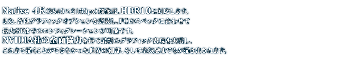 Native ４K（3840×2160px）解像度、HDR10に対応します。また、各種グラフィックオプションを実装し、PCのスペックに合わせて最大８Kまでのコンフィグレーションが可能です。NVIDIA社の全面協力を得て最新のグラフィック表現を実装し、これまで描くことができなかった世界の細部、そして空気感までもが描き出されます。