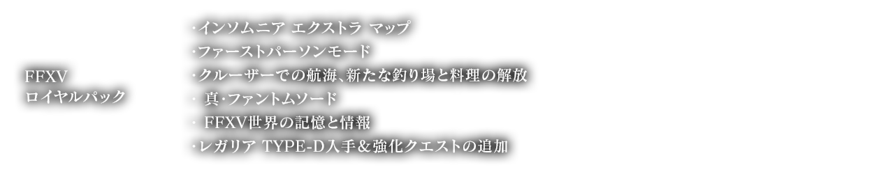 FFXVロイヤルパック ・インソムニア エクストラ マップ, ・ファーストパーソンモード, ・クルーザーでの航海、新たな釣り場と料理の解放, ・ 真・ファントムソード, ・ FFXV世界の記憶と情報, ・レガリア TYPE-D入手＆強化クエストの追加