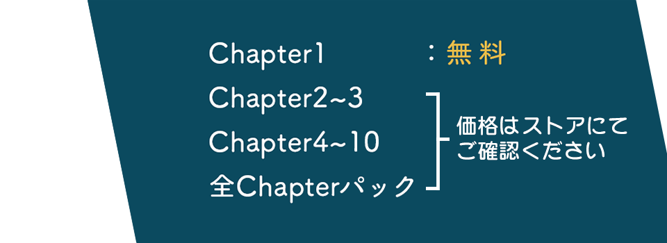 Chapter1：無料、Chapter2~3・Chapter4~10・全Chapterパック：価格はストアにてご確認ください