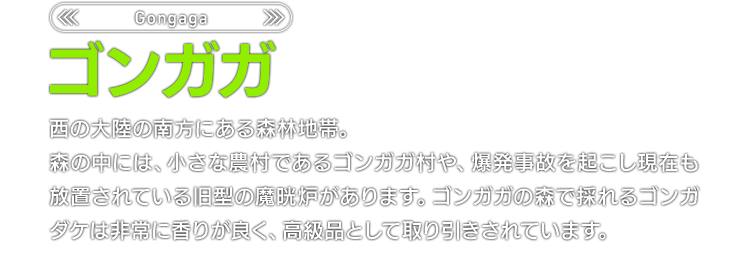 ＜Gongaga＞ゴンガガ　西の大陸の南方にある森林地帯。森の中には、小さな農村であるゴンガガ村や、爆発事故を起こし現在も放置されている旧型の魔晄炉があります。ゴンガガの森で採れるゴンガダケは非常に香りが良く、高級品として取り引きされています。
