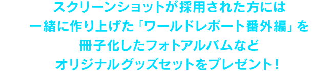 スクリーンショットが採用された方には一緒に作り上げた「ワールドレポート番外編」を冊子化したフォトアルバムなどオリジナルグッズセットをプレゼント！
