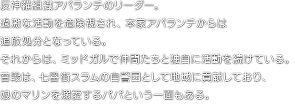 反神羅組織アバランチのリーダー。過激な活動を危険視され、本家アバランチからは追放処分となっている。それからは、ミッドガルで仲間たちと独自に活動を続けている。普段は、七番街スラムの自警団として地域に貢献しており、娘のマリンを溺愛するパパという一面もある。