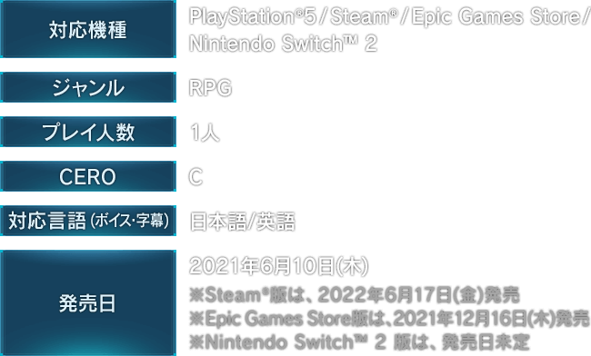 [対応機種]PlayStation®5 / Steam® / Epic Games Store / Nintendo Switch™ 2　[ジャンル]RPG　[プレイ人数]1人　[CERO]C　[対応言語(ボイス・字幕)]日本語/英語　[発売日]2021年6月10日（木）※Steam®版は、2022年6月17日(金)発売 ※Epic Games Store版は、2021年12月16日(木)発売 ※Nintendo Switch™ 2 版は、発売日未定