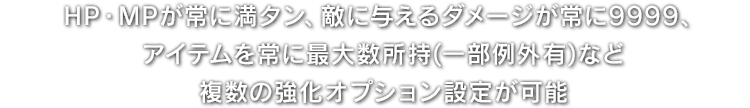 HP・MPが常に満タン、敵に与えるダメージが常に9999、アイテムを常に最大数所持(一部例外有)など複数の強化オプション設定が可能