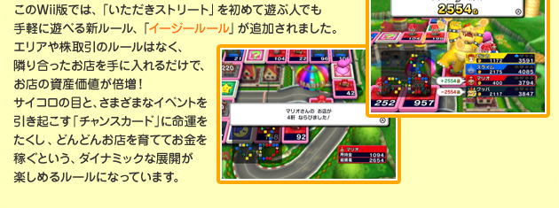 このWii版では、「いただきストリート」を初めて遊ぶ人でも手軽に遊べる新ルール、「イージールール」が追加されました。エリアや株取引のルールはなく、隣り合ったお店を手に入れるだけで、お店の資産価値が倍増！サイコロの目と、さまざまなイベントを引き起こす「チャンスカード」に命運をたくし、どんどんお店を育ててお金を稼ぐという、ダイナミックな展開が楽しめるルールになっています。