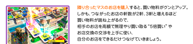 隣り合ったマスのお店を購入すると、買い物料がグンとアップ。しかも、つながったお店の軒数２軒、３軒と増えるほど買い物料が跳ね上がるので、相手のお店を高額で無理やり買い取る“５倍　　　買い”やお店交換の交渉を上手に使い、自分のお店をできるだけつなげていきましょう。