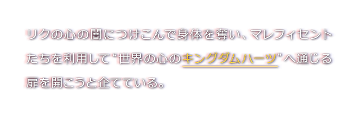 リクの心の闇につけこんで身体を奪い、マレフィセントたちを利用して“世界の心のキングダムハーツ”へ通じる扉を開こうと企てている。