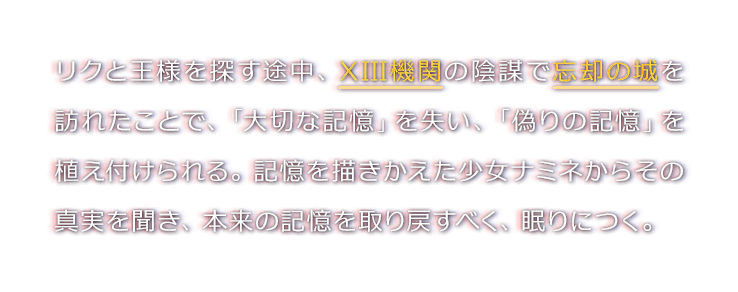 リクと王様を探す途中、XIII機関の陰謀で忘却の城を訪れたことで、「大切な記憶」を失い、「偽りの記憶」を植え付けられる。記憶を描きかえた少女ナミネからその真実を聞き、本来の記憶を取り戻すべく、眠りにつく。