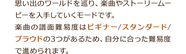 思い出のワールドを巡り、楽曲やストーリームービーを入手していくモードです。楽曲の譜面難易度はビギナー/スタンダード/プラウドの3つがあるため、自分に合った難易度で進められます。