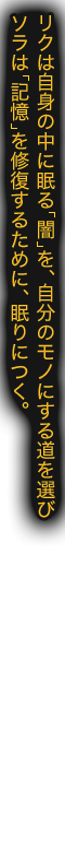 リクは自身の中に眠る「闇」を、自分のモノにする道を選び ソラは「記憶」を修復するために、眠りにつく。
