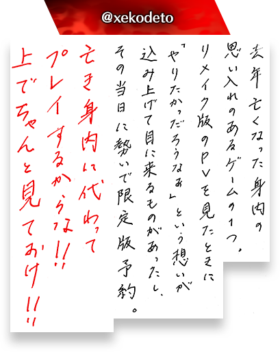 去年亡くなった身内の思い入れのあるゲームの１つ。リメイク版のPVを見たときに「やりたかっただろうなぁ」という想いが込み上げて目に来るものがあったし、その当日に勢いで限定版予約。亡き身内に代わってプレイするからな！！上でちゃんと見ておけ！！