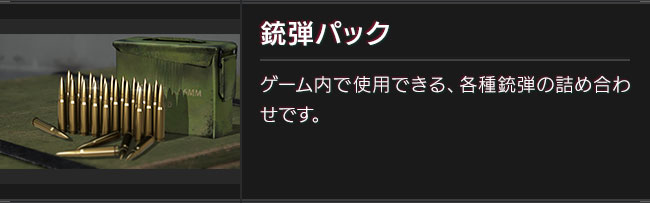 銃弾パック　ゲーム内で使用できる、各種銃弾の詰め合わせです。