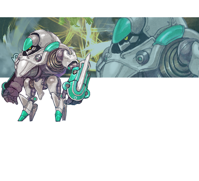 ルミナ機　ジェルクス　機甲城ラグネスにあったオリジナルの一体で、ルミナの性質に合わせて起動された。他の機装より法石に強く感応することができ、搭乗者の力を最大限まで引き出すことが可能。