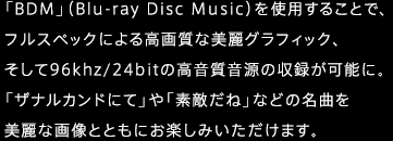 「BDM」（Blu-ray Disc Music）を使用することで、フルスペックによる高画質な美麗グラフィック、そして96khz/24bitの高音質音源の収録が可能に。「ザナルカンドにて」や「素敵だね」などの名曲を美麗な画像とともにお楽しみいただけます。
