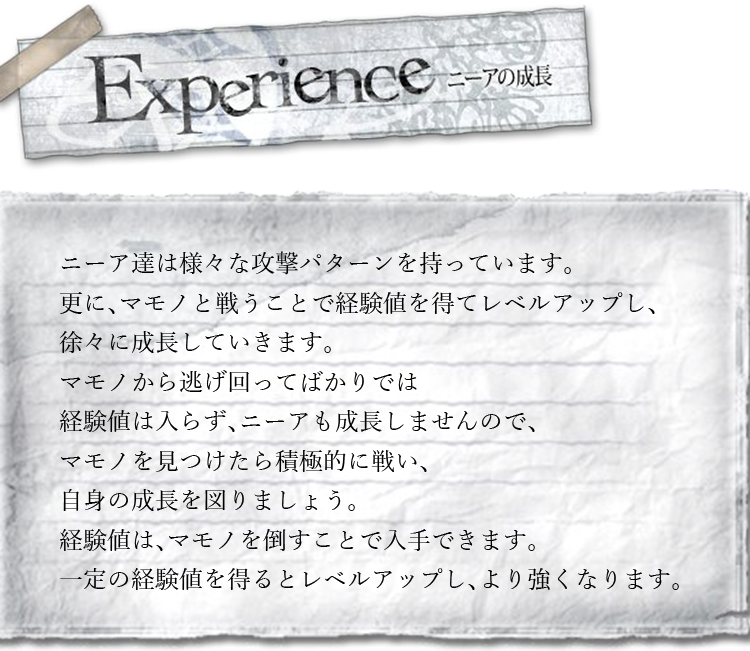 Experience　ニーア達は様々な攻撃パターンを持っています。更に、マモノと戦うことで経験値を得てレベルアップし、徐々に成長していきます。マモノから逃げ回ってばかりでは経験値は入らず、ニーアも成長しませんので、マモノを見つけたら積極的に戦い、自身の成長を図りましょう。経験値は、マモノを倒すことで入手できます。一定の経験値を得るとレベルアップし、より強くなります。