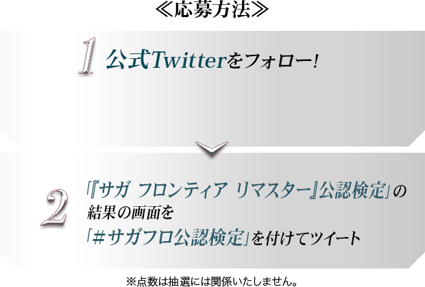 ≪応募方法≫　1.公式Twitterをフォロー　2.「『サガ フロンティア リマスター』公認検定」の結果の画面を「#サガフロ公認検定」を付けてツイート