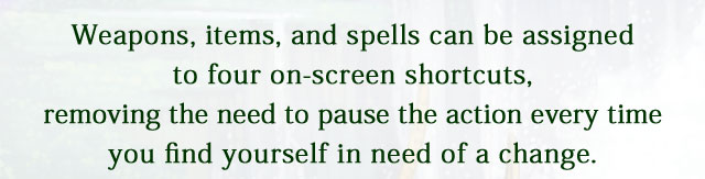 Weapons, items, and spells can be assigned to four on-screen shortcuts, removing the need to pause the action every time you find yourself in need of a change.