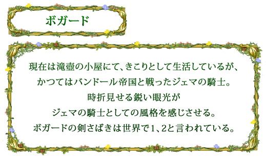 【ボガード】 現在は滝壺の小屋にて、きこりとして生活しているが、かつてはバンドール帝国と戦ったジェマの騎士。時折見せる鋭い眼光がジェマの騎士としての風格を感じさせる。ボガードの剣さばきは世界で1、2と言われている。