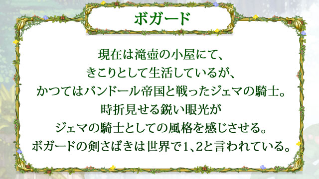 【ボガード】 現在は滝壺の小屋にて、きこりとして生活しているが、かつてはバンドール帝国と戦ったジェマの騎士。時折見せる鋭い眼光がジェマの騎士としての風格を感じさせる。ボガードの剣さばきは世界で1、2と言われている。