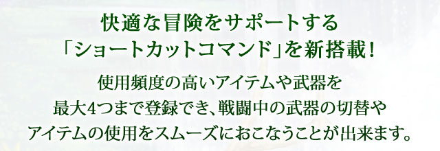 【快適な冒険をサポートする「ショートカットコマンド」を新搭載！】 使用頻度の高いアイテムや武器を最大4つまで登録でき、戦闘中の武器の切替やアイテムの使用をスムーズにおこなうことが出来ます。