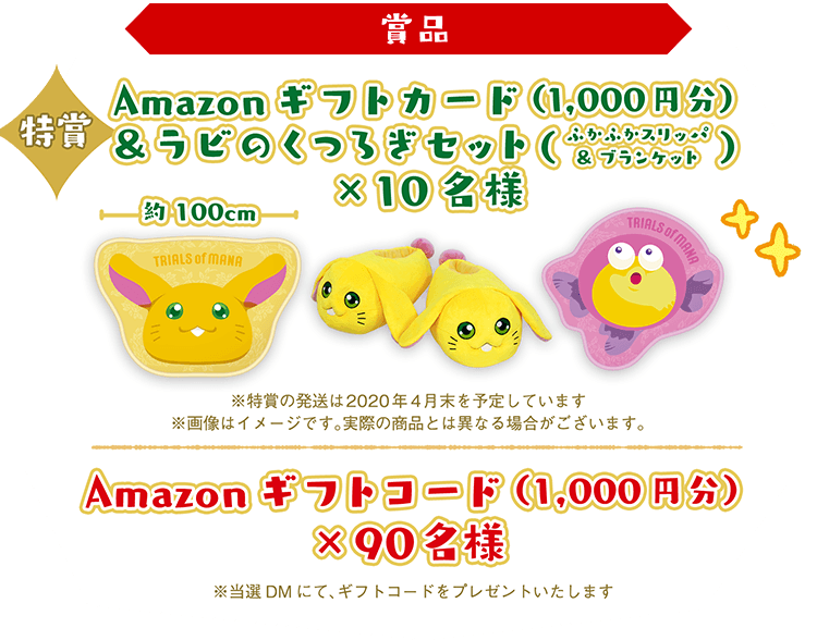 賞品：Amazonギフトコード（1,000円分）×90名様　※当選DMにて、ギフトコードをプレゼントいたします。特賞：Amazonギフトコード（1,000円分）&
        ラビのくつろぎセット（ふかふかスリッパ＆ブランケット）×10名様　※特賞の発想は2020年4月末を予定しています。※画像はイメージです。実際の商品とは異なる場合がございます。