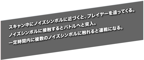 スキャン中にノイズシンボルに近づくと、プレイヤーを追ってくる。ノイズシンボルに接触するとバトルへと突入。一定時間内に複数のノイズシンボルに触れると連戦になる。